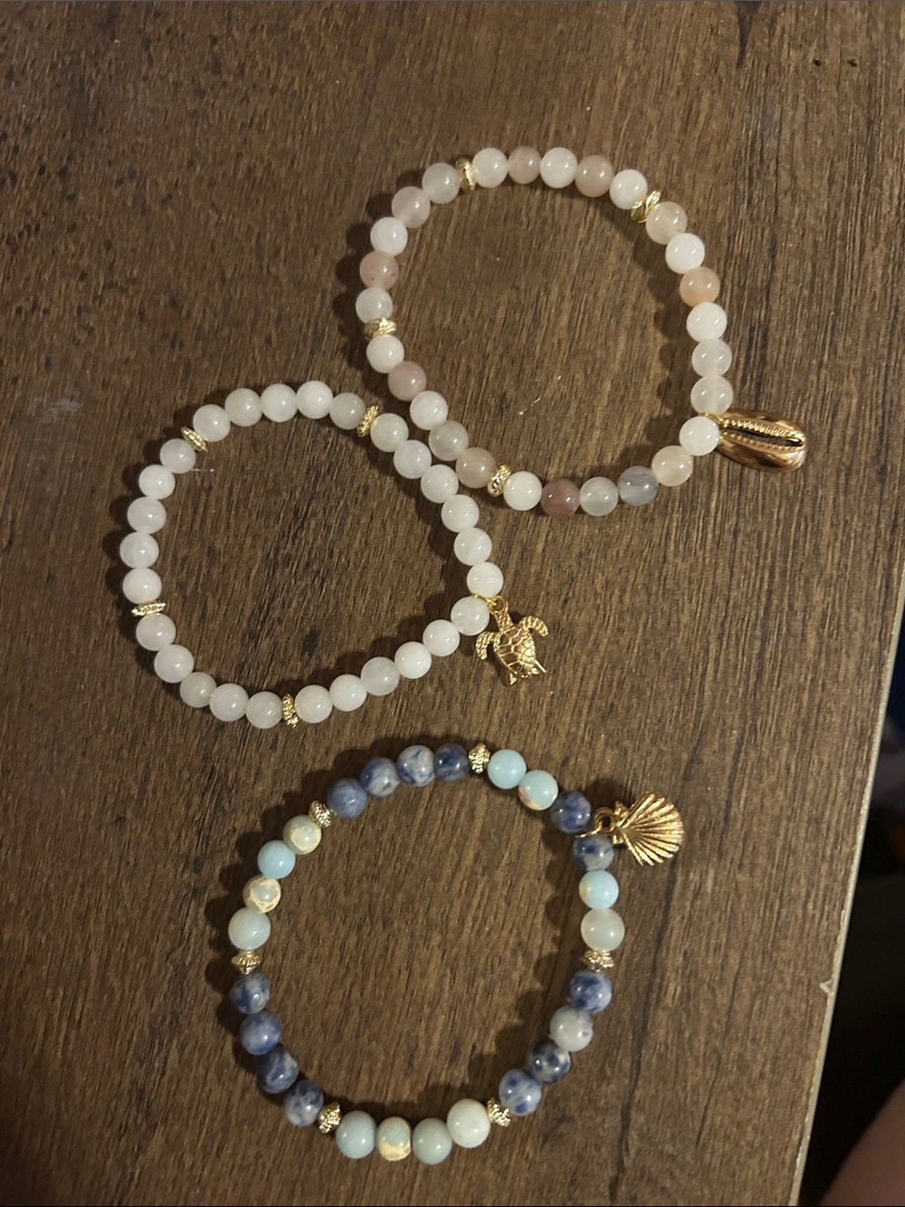 NEVER WORN Gold Charm Bracelet Set with Natural Stone beads - White, Pink & Blue